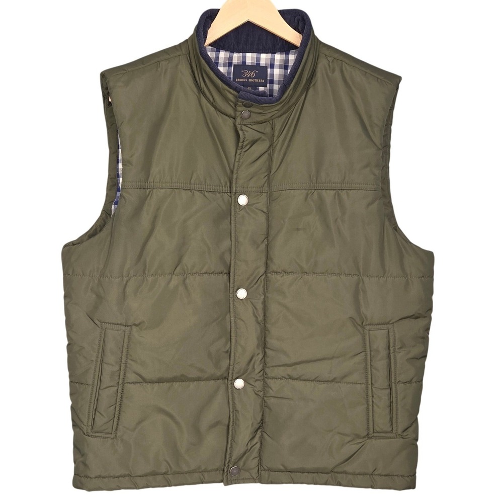 Brooks Brothers 346 Puffer Vest Mens XL Green Quilted Snap Front Corduroy Collar